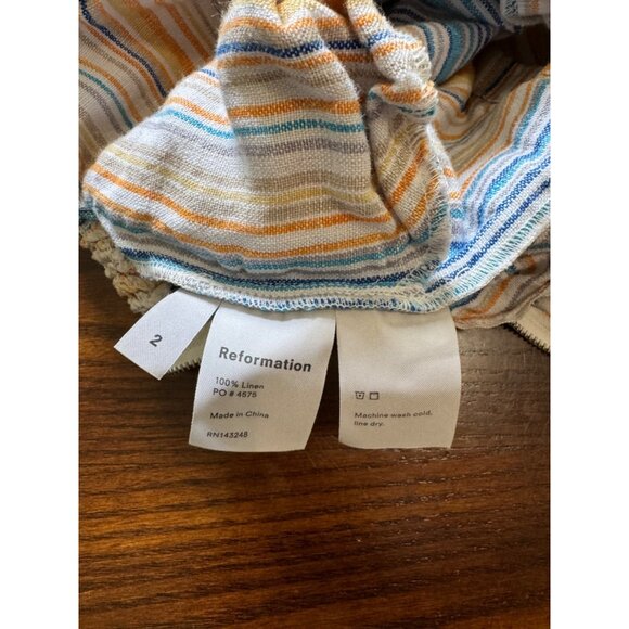 Reformation Island Linen Romper in Marbella Striped White Blue Orange Smocking 2 - Picture 3 of 10
